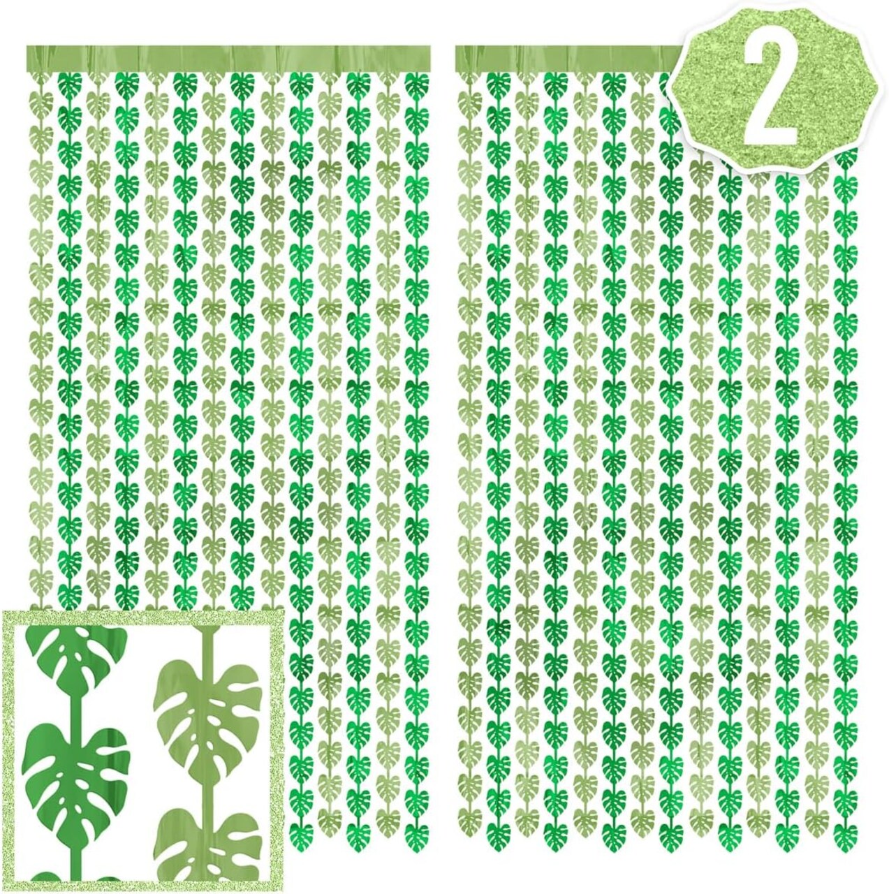 Jungle Leaf Foil Curtain - Set of 2, 3x7 ft | Safari Theme Party Decorations, Zoo Animal Birthday Party Supplies, Baby Shower Favors